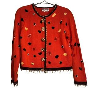 Vintage Size Large Autumn Halloween Beaded Cardigan Sweater Teacher Humor Chic